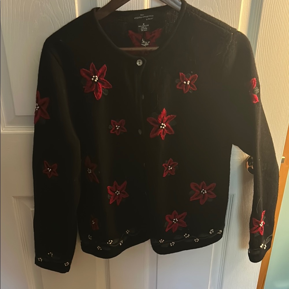 Black Cardigan with Red Floral Accents